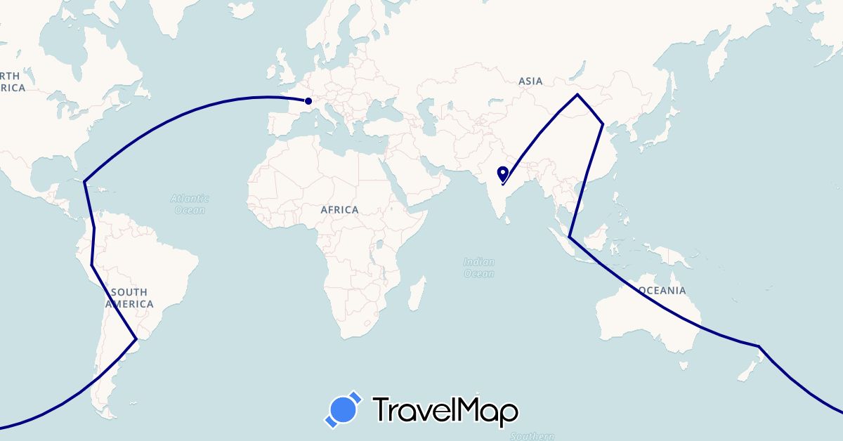 TravelMap itinerary: driving in Argentina, Switzerland, China, Colombia, Cuba, Indonesia, India, Mongolia, New Zealand, Peru, Singapore (Asia, Europe, North America, Oceania, South America)
